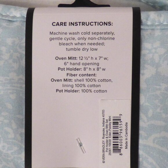 Vera Bradley Pot Holder and Oven Mitt Set Eden Paisley Mint NWT - Picture 5 of 6